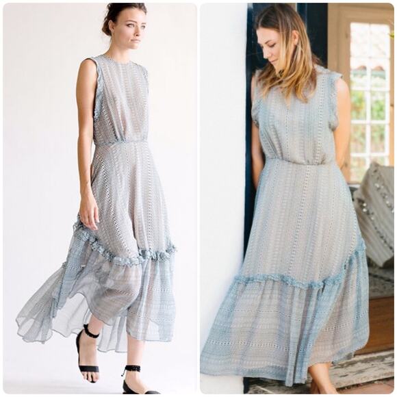 HEIDI MERRICK Flowy Gauze Lightweight Diamond Print Tiered Ruffled Maxi Dress M - Picture 1 of 12